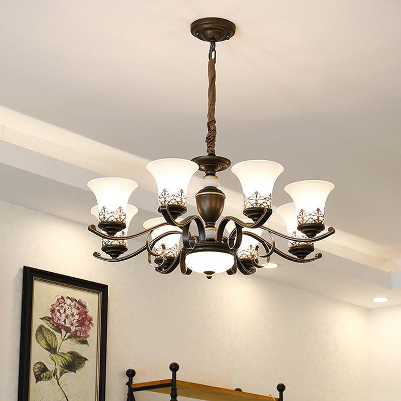 3/6/8 Lights Ceiling Suspension Lamp Rustic Style Bell Shade Cream Glass Chandelier Lighting in Black - Rebooters