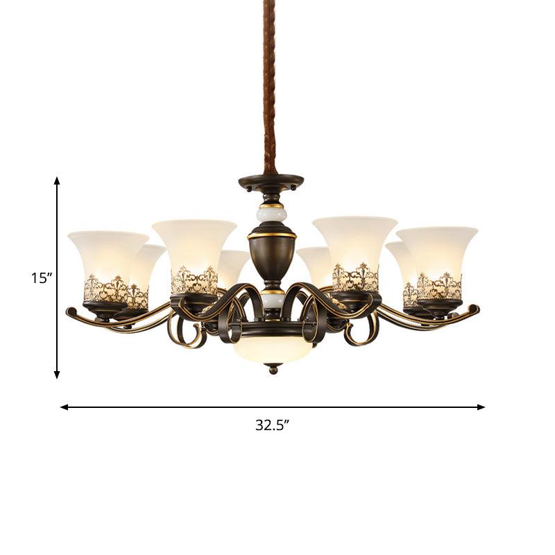 3/6/8 Lights Ceiling Suspension Lamp Rustic Style Bell Shade Cream Glass Chandelier Lighting in Black - Rebooters