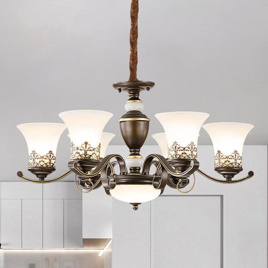 3/6/8 Lights Ceiling Suspension Lamp Rustic Style Bell Shade Cream Glass Chandelier Lighting in Black - Rebooters