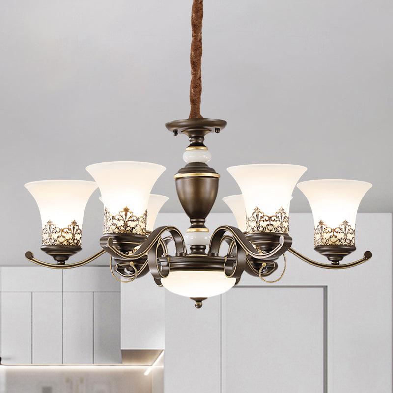 3/6/8 Lights Ceiling Suspension Lamp Rustic Style Bell Shade Cream Glass Chandelier Lighting in Black - Rebooters