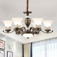 3/6/8 Lights Ceiling Suspension Lamp Rustic Style Bell Shade Cream Glass Chandelier Lighting in Black - Rebooters