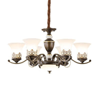 3/6/8 Lights Ceiling Suspension Lamp Rustic Style Bell Shade Cream Glass Chandelier Lighting in Black - Rebooters