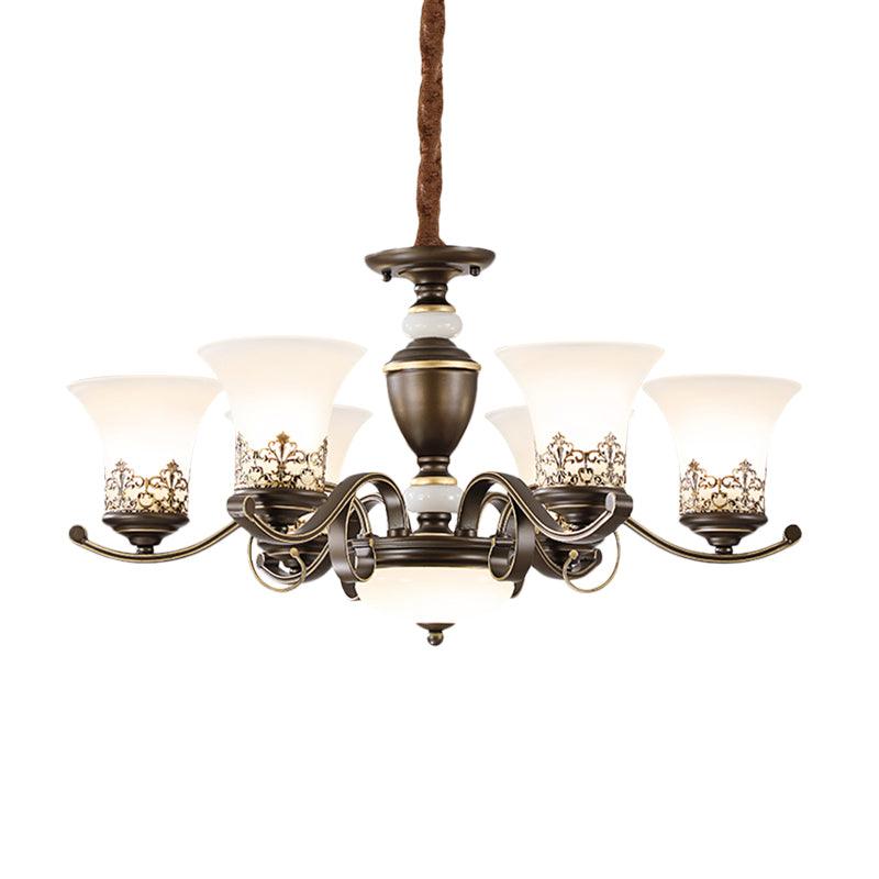 3/6/8 Lights Ceiling Suspension Lamp Rustic Style Bell Shade Cream Glass Chandelier Lighting in Black - Rebooters