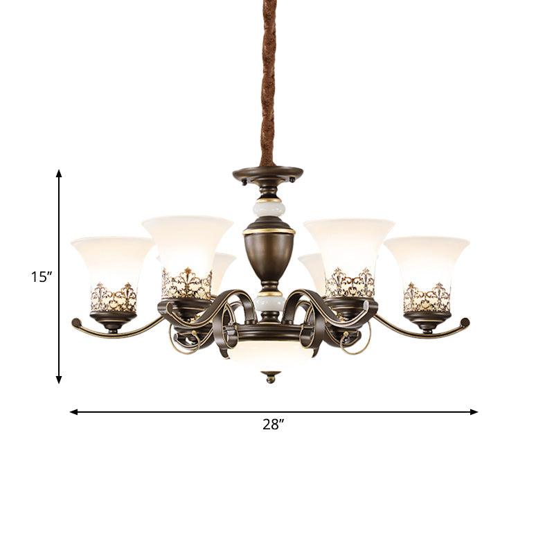 3/6/8 Lights Ceiling Suspension Lamp Rustic Style Bell Shade Cream Glass Chandelier Lighting in Black - Rebooters