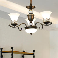 3/6/8 Lights Ceiling Suspension Lamp Rustic Style Bell Shade Cream Glass Chandelier Lighting in Black - Rebooters
