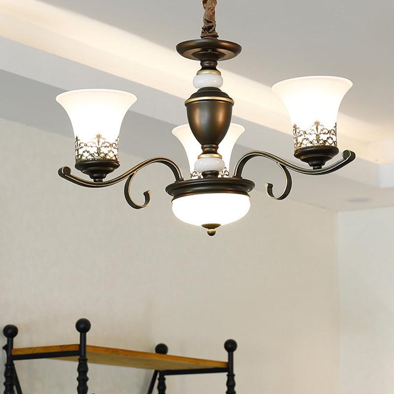 3/6/8 Lights Ceiling Suspension Lamp Rustic Style Bell Shade Cream Glass Chandelier Lighting in Black - Rebooters