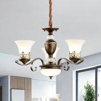 3/6/8 Lights Ceiling Suspension Lamp Rustic Style Bell Shade Cream Glass Chandelier Lighting in Black - Rebooters