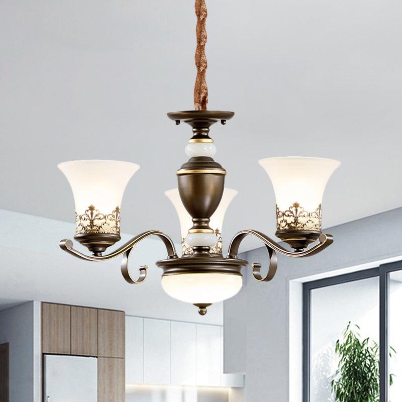3/6/8 Lights Ceiling Suspension Lamp Rustic Style Bell Shade Cream Glass Chandelier Lighting in Black - Rebooters