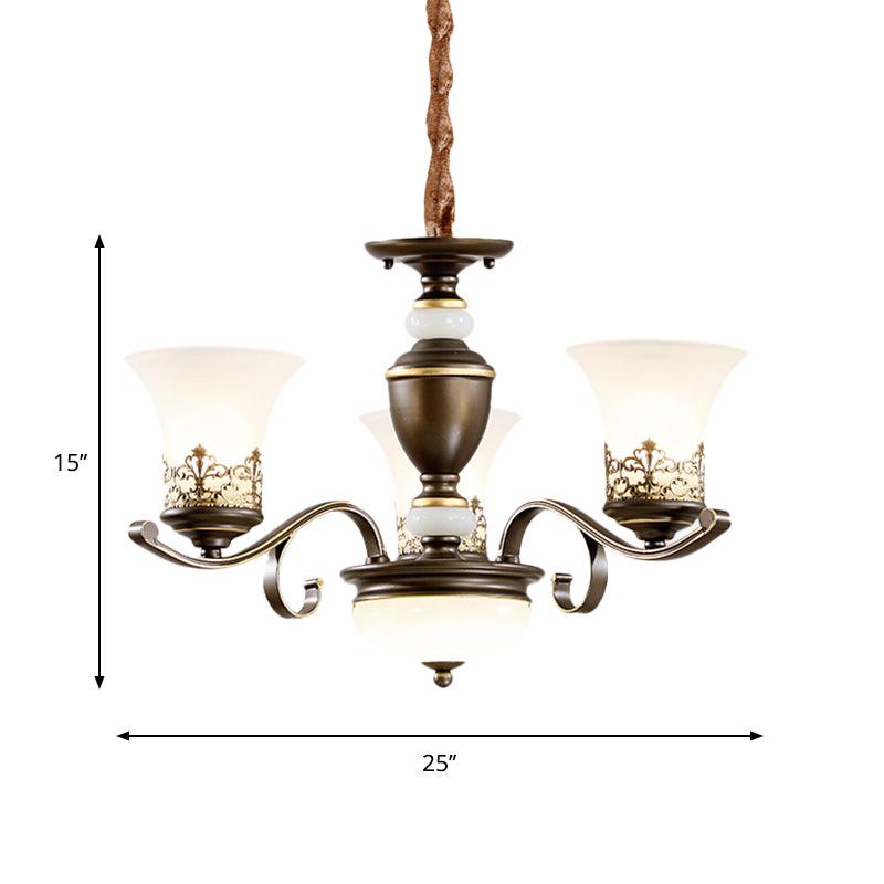 3/6/8 Lights Ceiling Suspension Lamp Rustic Style Bell Shade Cream Glass Chandelier Lighting in Black - Rebooters