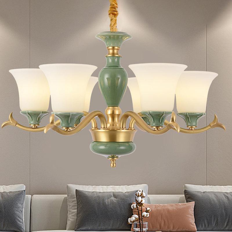 3/6 Bulbs Frosted Glass Suspension Lighting Countryside Green Chandelier - Rebooters
