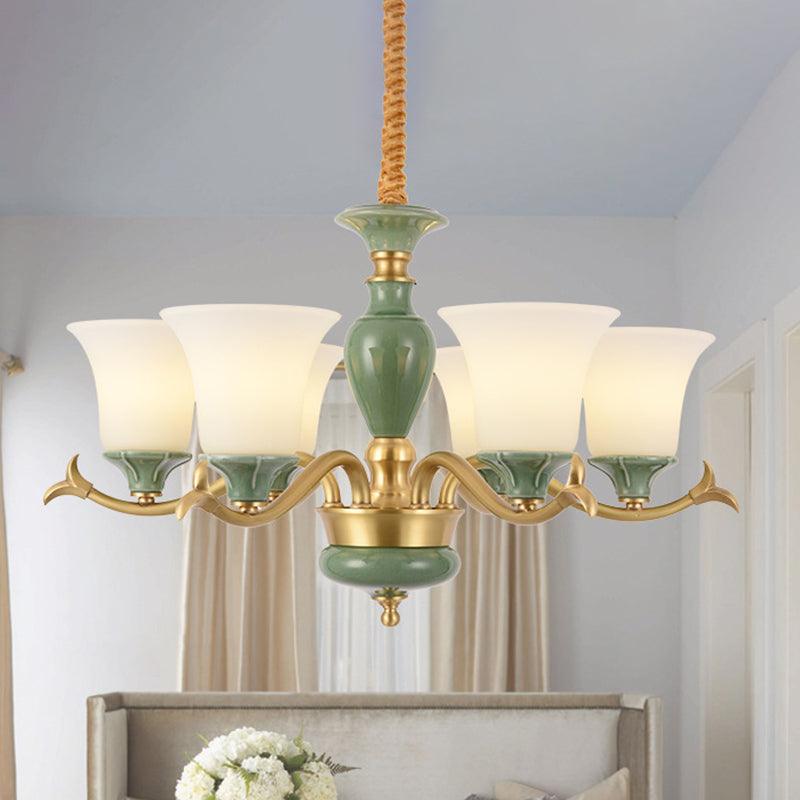 3/6 Bulbs Frosted Glass Suspension Lighting Countryside Green Chandelier - Rebooters