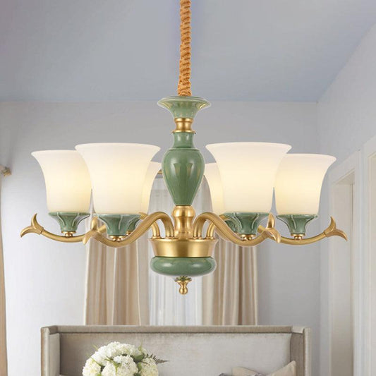 3/6 Bulbs Frosted Glass Suspension Lighting Countryside Green Chandelier - Rebooters