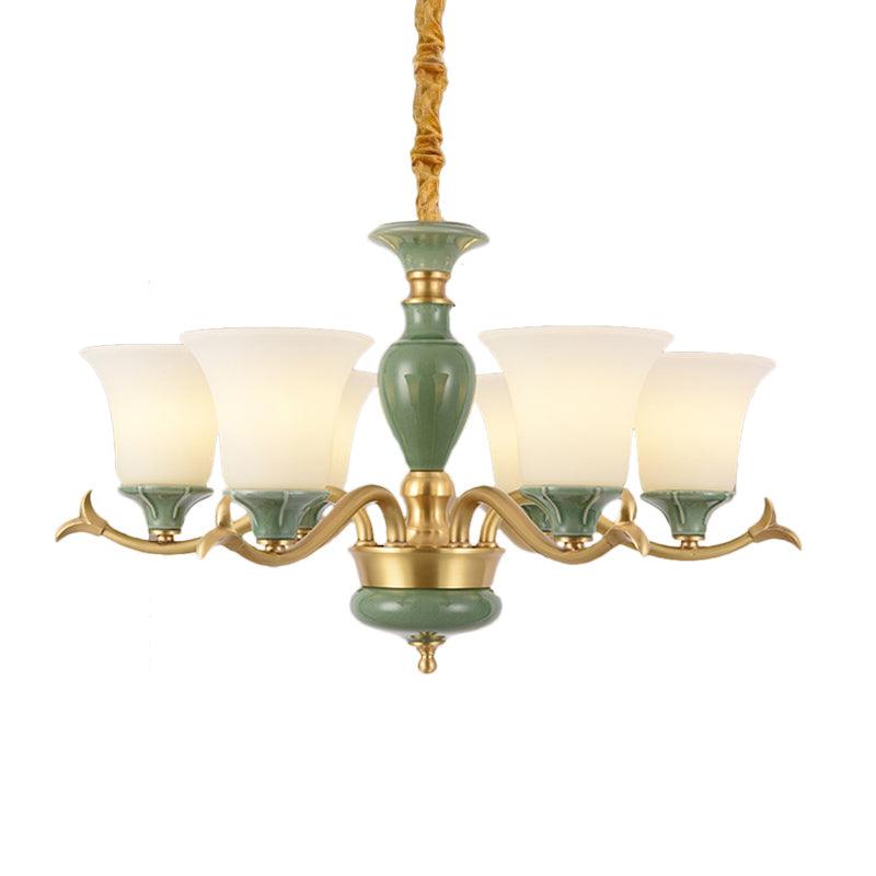 3/6 Bulbs Frosted Glass Suspension Lighting Countryside Green Chandelier - Rebooters