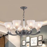 6/8 Bulbs Suspension Pendant With Floral Shade Opal Glass Chandelier - Rebooters