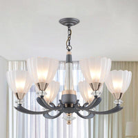6/8 Bulbs Suspension Pendant With Floral Shade Opal Glass Chandelier - Rebooters