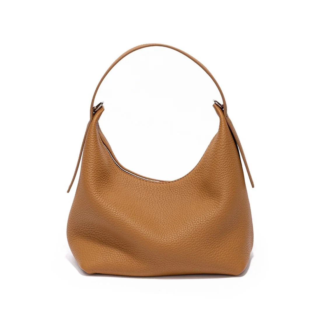Brown leather hobo shoulder bag with textured finish on white background