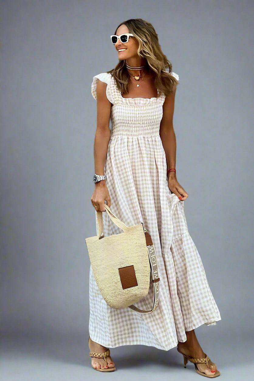 Emily Classic Checkered Ruffle Maxi Dress with Flowing Silhouette for Elegant Style Rebooters Maxi Women's Dresses