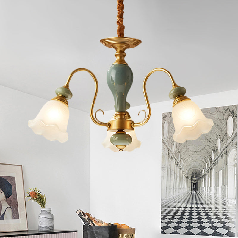 Green Flower Shaped Pendulum Light Rural Frosted Glass Chandelier - Rebooters