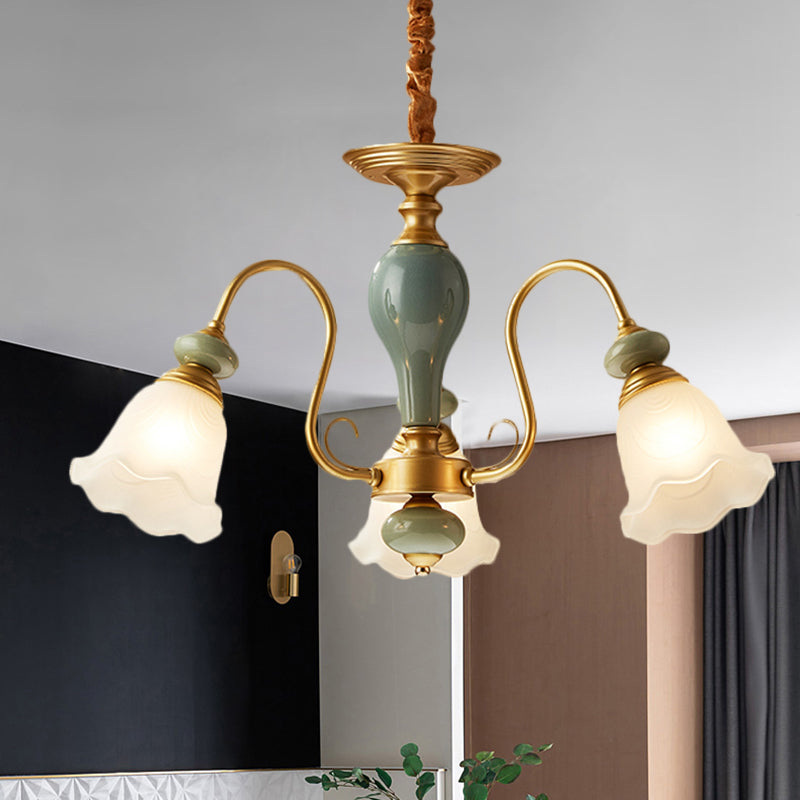 Green Flower Shaped Pendulum Light Rural Frosted Glass Chandelier - Rebooters