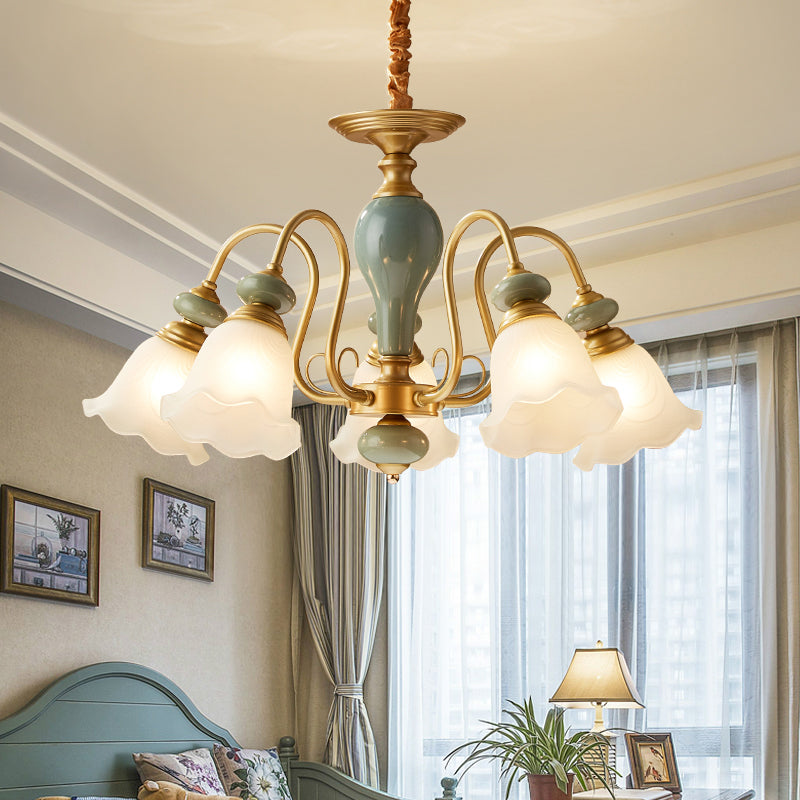Green Flower Shaped Pendulum Light Rural Frosted Glass Chandelier - Rebooters