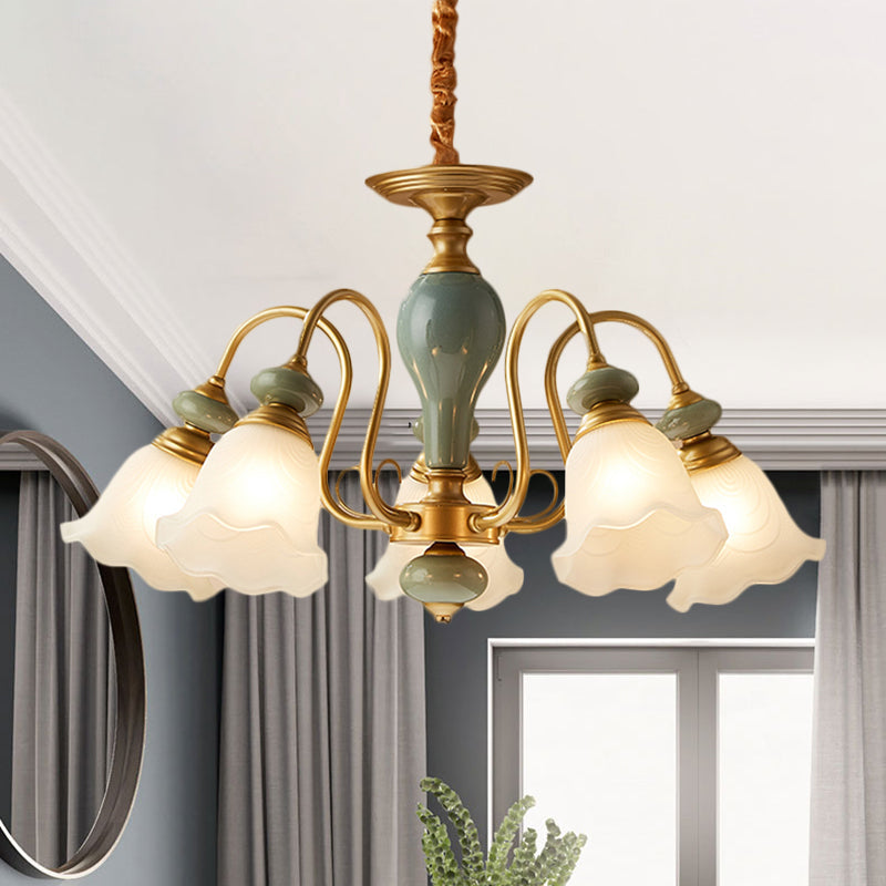 Green Flower Shaped Pendulum Light Rural Frosted Glass Chandelier - Rebooters