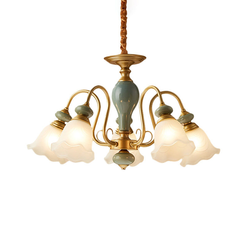 Green Flower Shaped Pendulum Light Rural Frosted Glass Chandelier - Rebooters