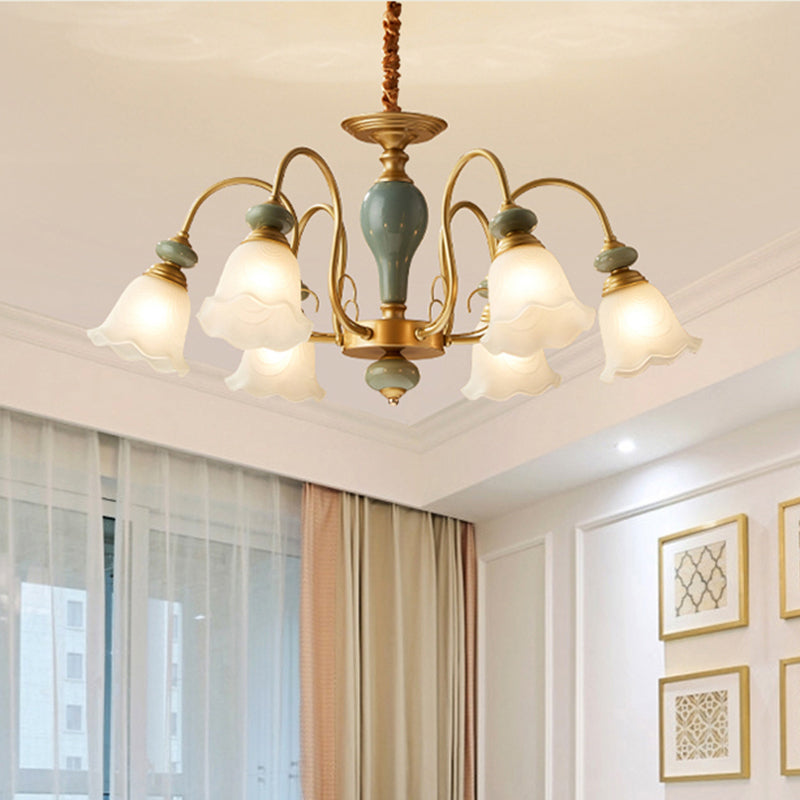 Green Flower Shaped Pendulum Light Rural Frosted Glass Chandelier - Rebooters