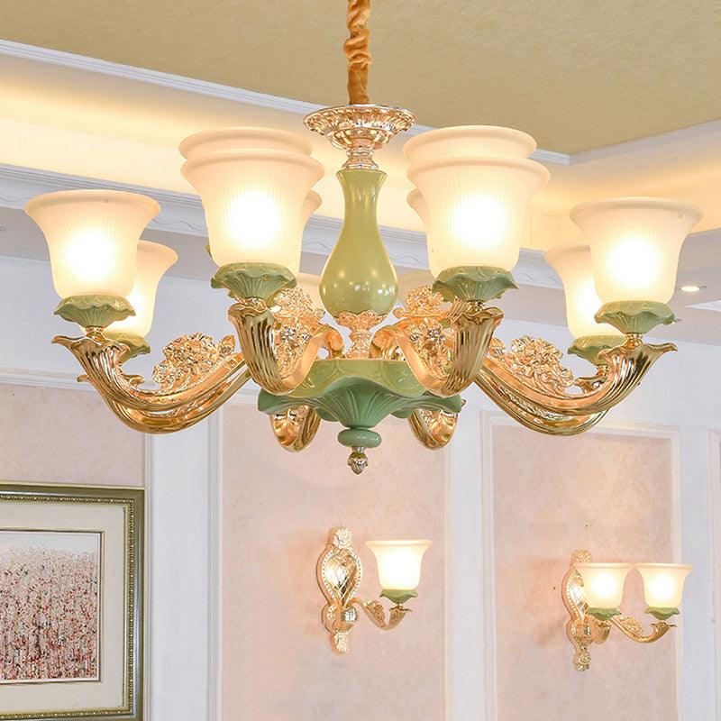 8/12 Lights Flared Shade Suspension Pendant Green Opal Glass Chandelier - Rebooters