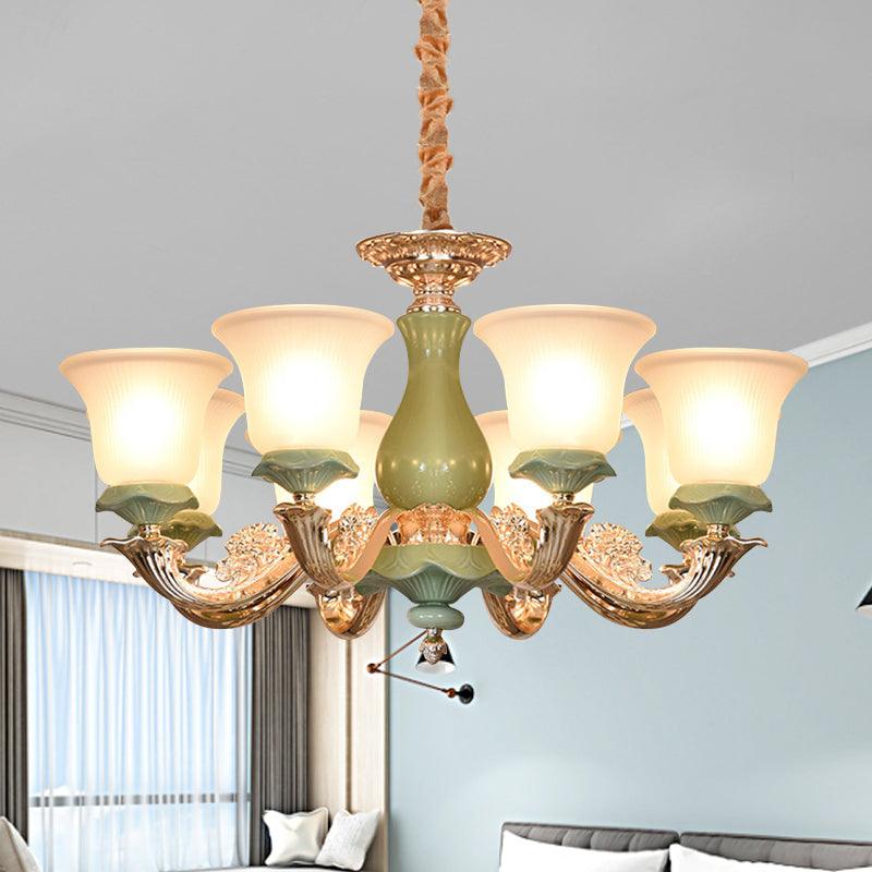 8/12 Lights Flared Shade Suspension Pendant Green Opal Glass Chandelier - Rebooters