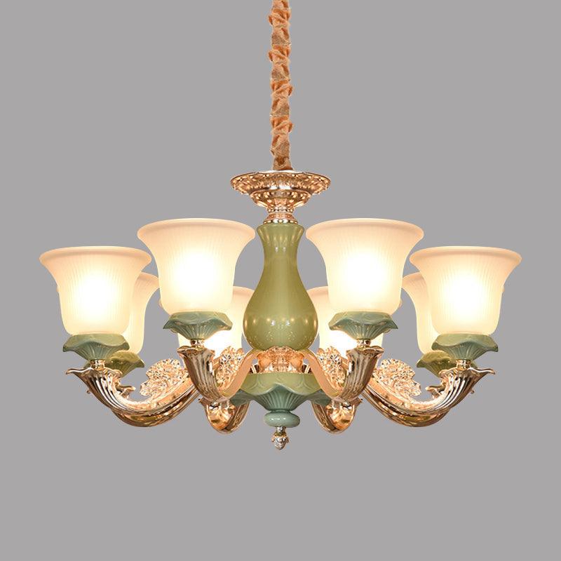 8/12 Lights Flared Shade Suspension Pendant Green Opal Glass Chandelier - Rebooters