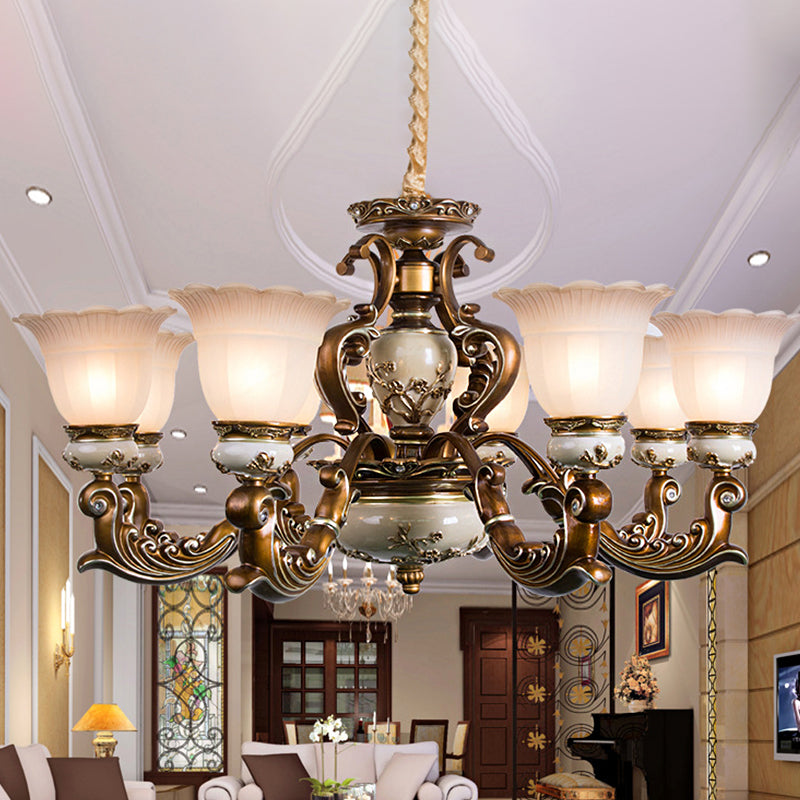 Brown 6/8 Heads Ceiling Chandelier Milky Glass Flower Pendant - Rebooters