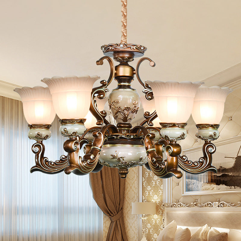 Brown 6/8 Heads Ceiling Chandelier Milky Glass Flower Pendant - Rebooters
