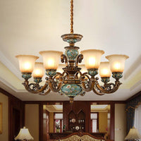 6/8-Bulb Suspension Pendant Light Antique Style Blossom Shaped Opal Glass Chandelier Light Fixture in Brown - Rebooters