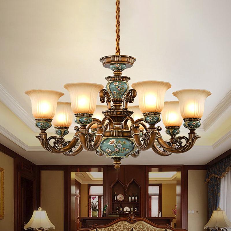 6/8-Bulb Suspension Pendant Light Antique Style Blossom Shaped Opal Glass Chandelier Light Fixture in Brown - Rebooters