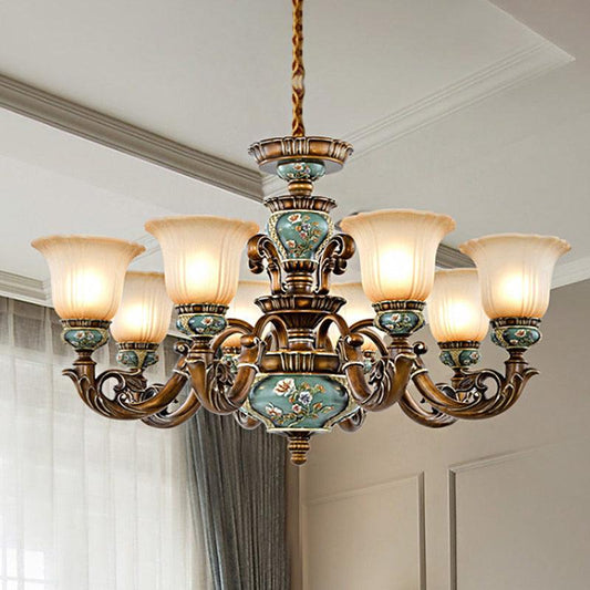6/8-Bulb Suspension Pendant Light Antique Style Blossom Shaped Opal Glass Chandelier Light Fixture in Brown - Rebooters