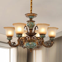 6/8-Bulb Suspension Pendant Light Antique Style Blossom Shaped Opal Glass Chandelier Light Fixture in Brown - Rebooters