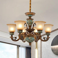 6/8-Bulb Suspension Pendant Light Antique Style Blossom Shaped Opal Glass Chandelier Light Fixture in Brown - Rebooters