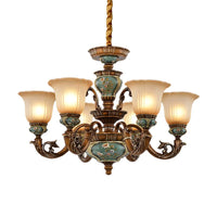 6/8-Bulb Suspension Pendant Light Antique Style Blossom Shaped Opal Glass Chandelier Light Fixture in Brown - Rebooters