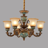 6/8-Bulb Suspension Pendant Light Antique Style Blossom Shaped Opal Glass Chandelier Light Fixture in Brown - Rebooters