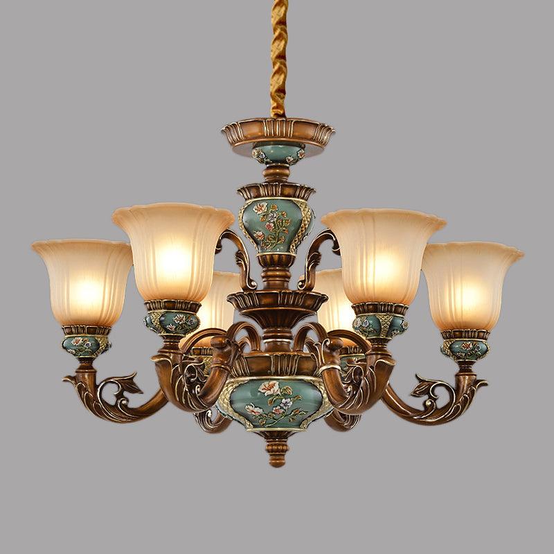 6/8-Bulb Suspension Pendant Light Antique Style Blossom Shaped Opal Glass Chandelier Light Fixture in Brown - Rebooters