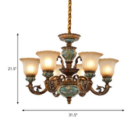 6/8-Bulb Suspension Pendant Light Antique Style Blossom Shaped Opal Glass Chandelier Light Fixture in Brown - Rebooters