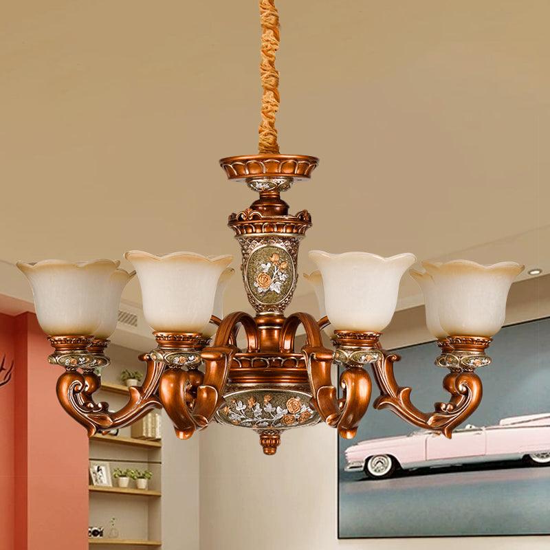 6/8-Head Cream Glass Chandelier Lighting Vintage Brown Floral Pendant Light - Rebooters