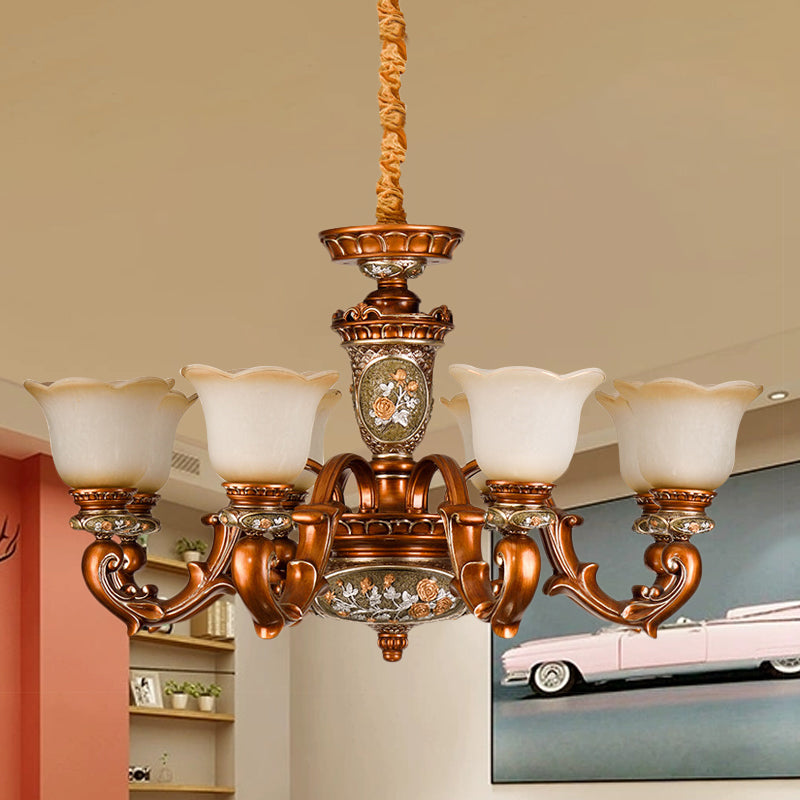 6/8-Head Cream Glass Chandelier Lighting Vintage Brown Floral Pendant Light - Rebooters