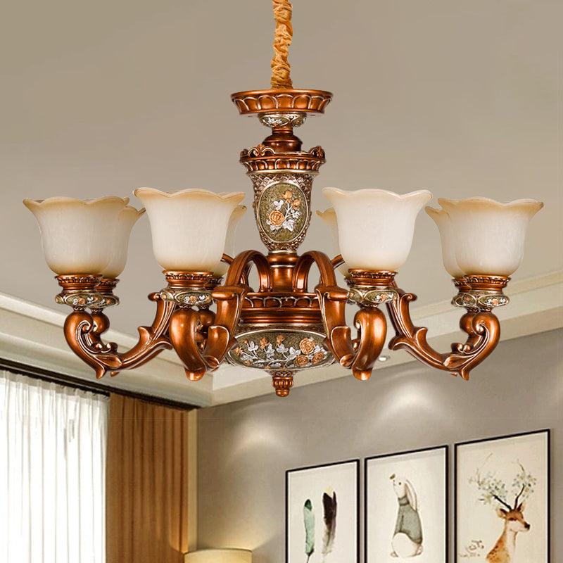 6/8-Head Cream Glass Chandelier Lighting Vintage Brown Floral Pendant Light - Rebooters