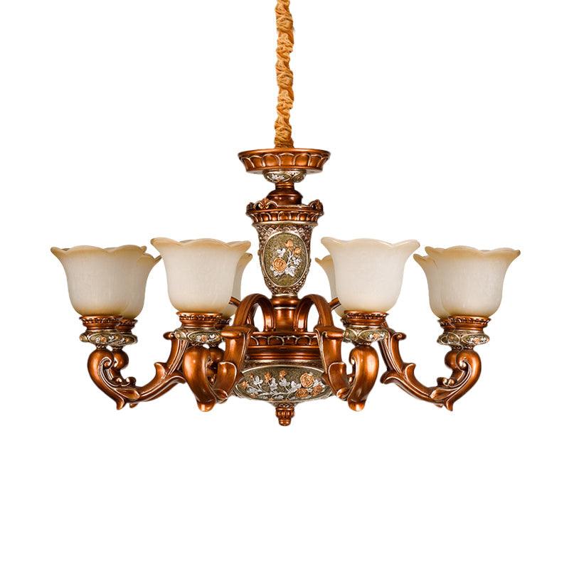 6/8-Head Cream Glass Chandelier Lighting Vintage Brown Floral Pendant Light - Rebooters