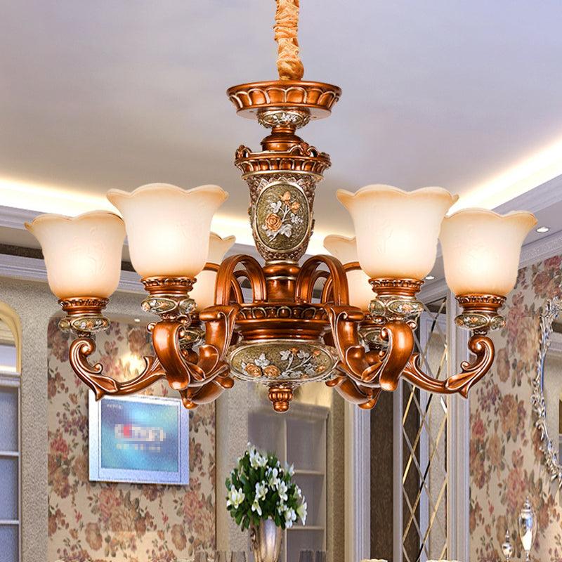 6/8-Head Cream Glass Chandelier Lighting Vintage Brown Floral Pendant Light - Rebooters