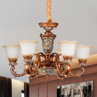6/8-Head Cream Glass Chandelier Lighting Vintage Brown Floral Pendant Light - Rebooters
