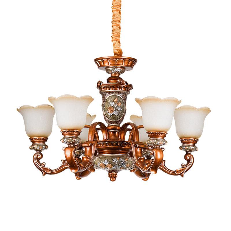 6/8-Head Cream Glass Chandelier Lighting Vintage Brown Floral Pendant Light - Rebooters