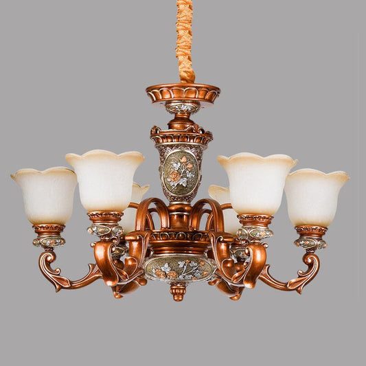 6/8-Head Cream Glass Chandelier Lighting Vintage Brown Floral Pendant Light - Rebooters