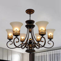 6/8-Light Ceiling Lamp with Bell Shade Cream Glass Traditional Chandelier in Black-Gold - Rebooters